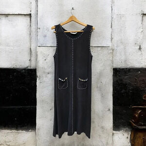 Bechamel Black Cotton Maxi Jumper Dress Button Pockets Large Lagenlook Boho